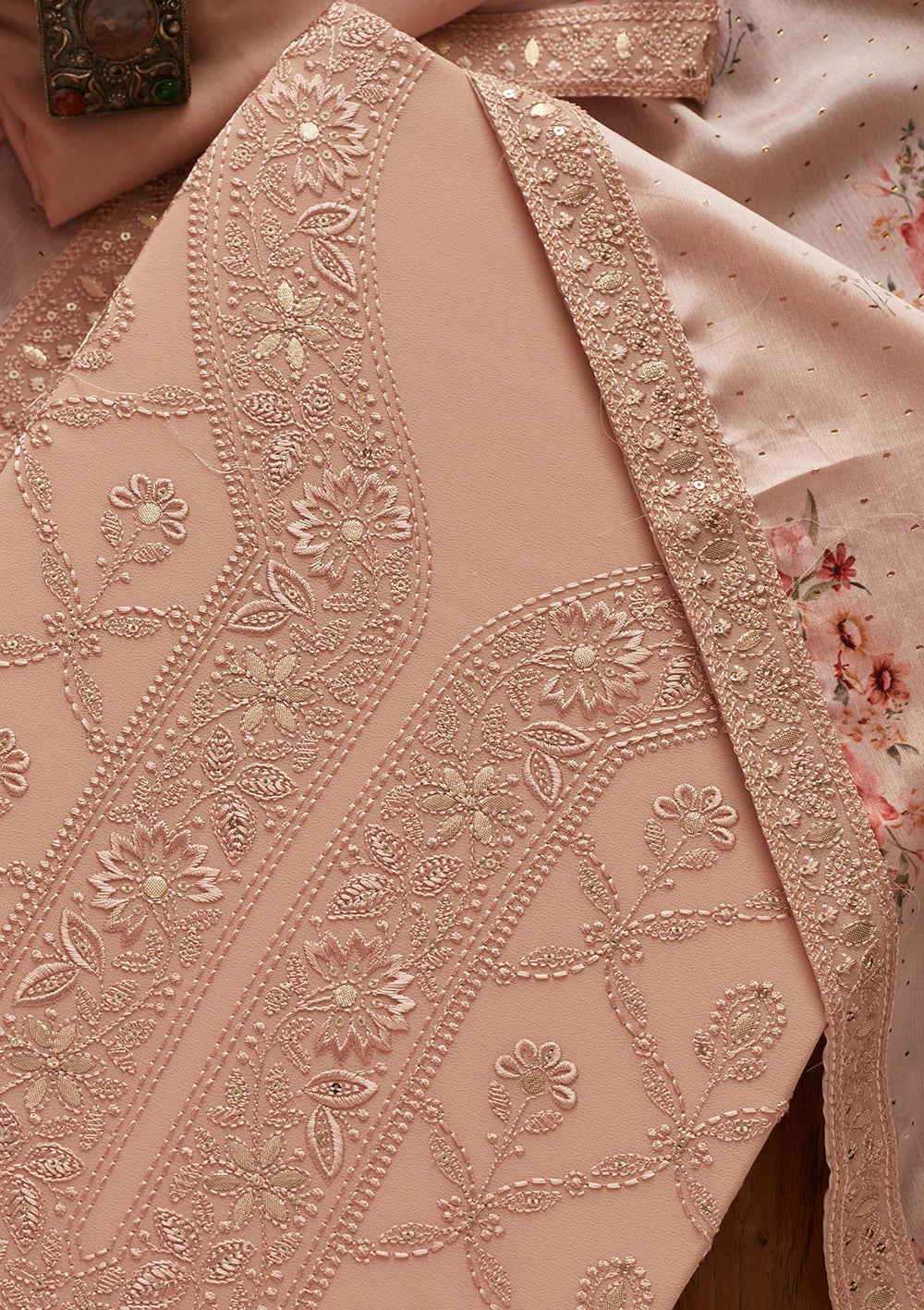 Peach Threadwork Georgette Designer Unstitched Salwar Suit - koskii