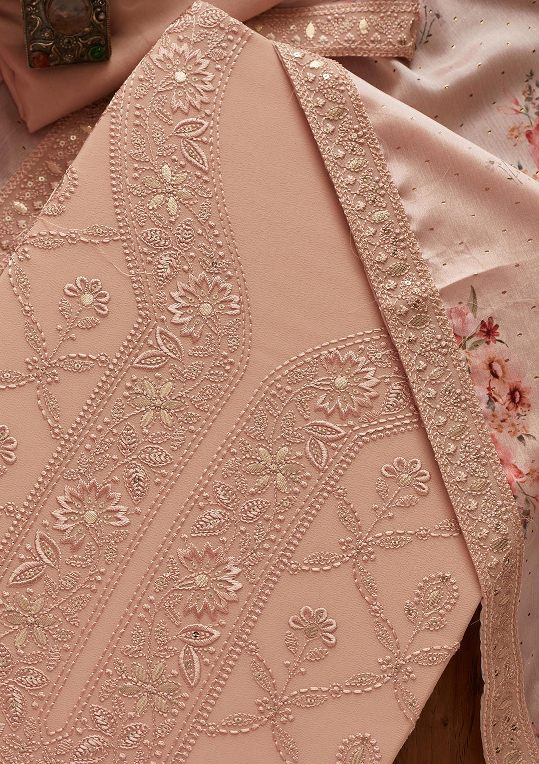 Peach Threadwork Georgette Designer Unstitched Salwar Suit - koskii