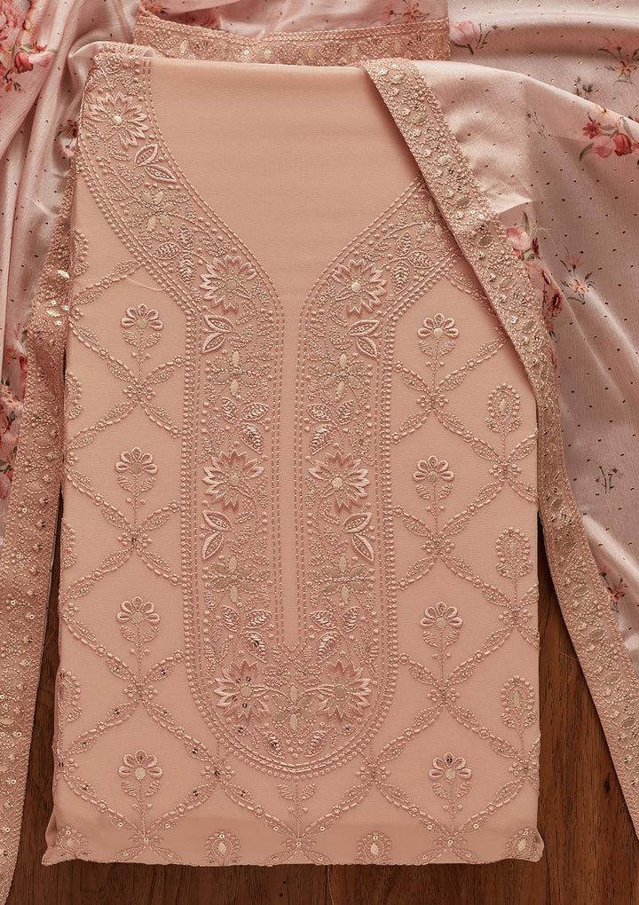 Peach Threadwork Georgette Designer Unstitched Salwar Suit - koskii