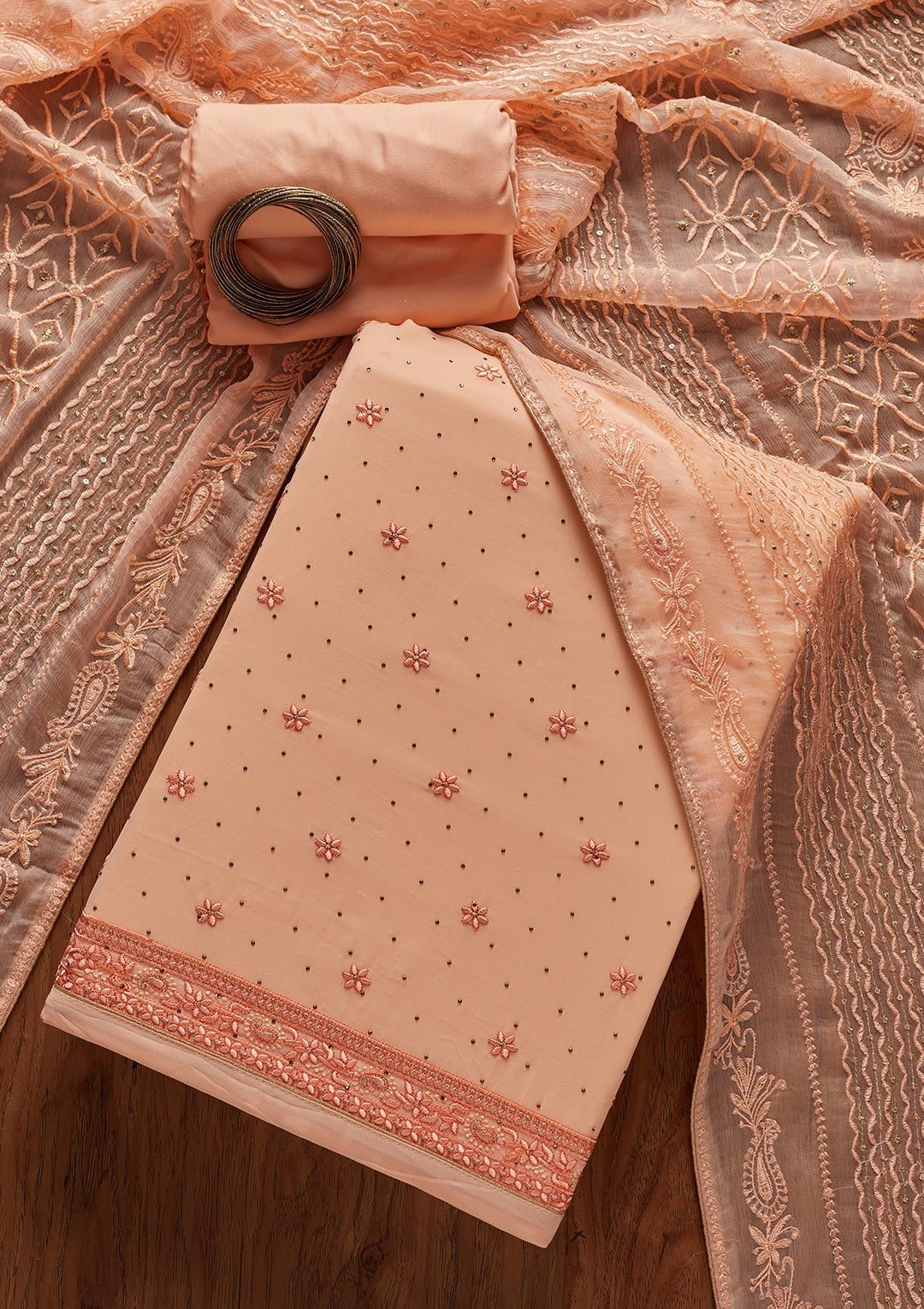 Peach Threadwork Georgette Designer Unstitched Salwar Suit - koskii