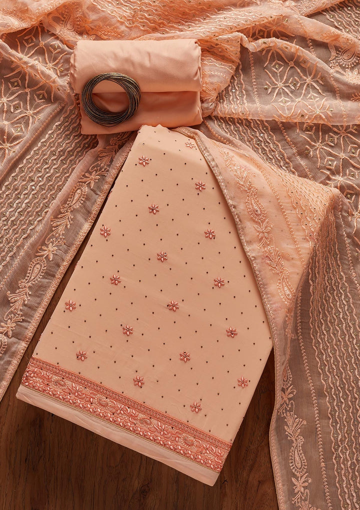 Peach Threadwork Georgette Designer Unstitched Salwar Suit - koskii