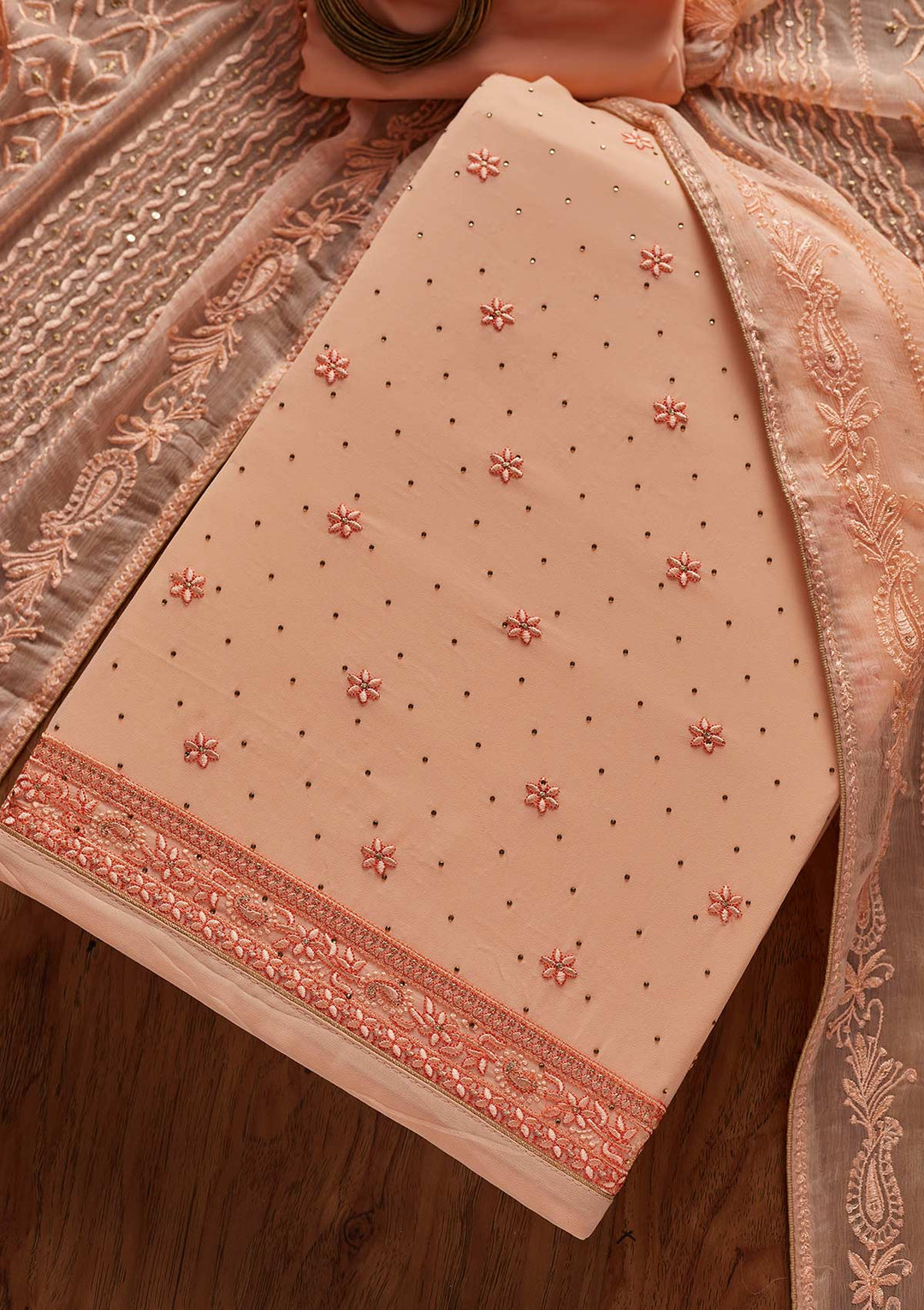 Peach Threadwork Georgette Designer Unstitched Salwar Suit - koskii