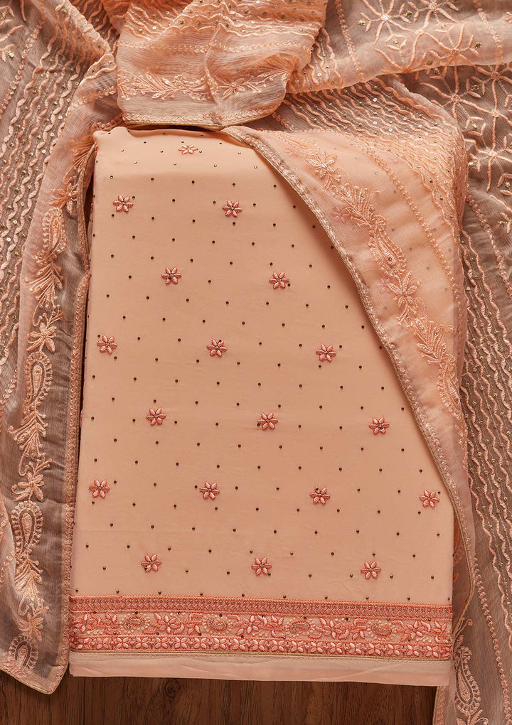 Peach Threadwork Georgette Designer Unstitched Salwar Suit - koskii