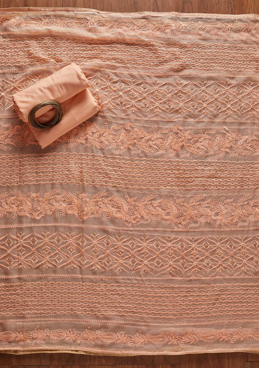 Peach Threadwork Georgette Designer Unstitched Salwar Suit - koskii