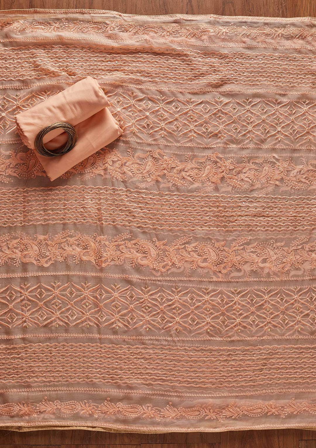 Peach Threadwork Georgette Designer Unstitched Salwar Suit - koskii