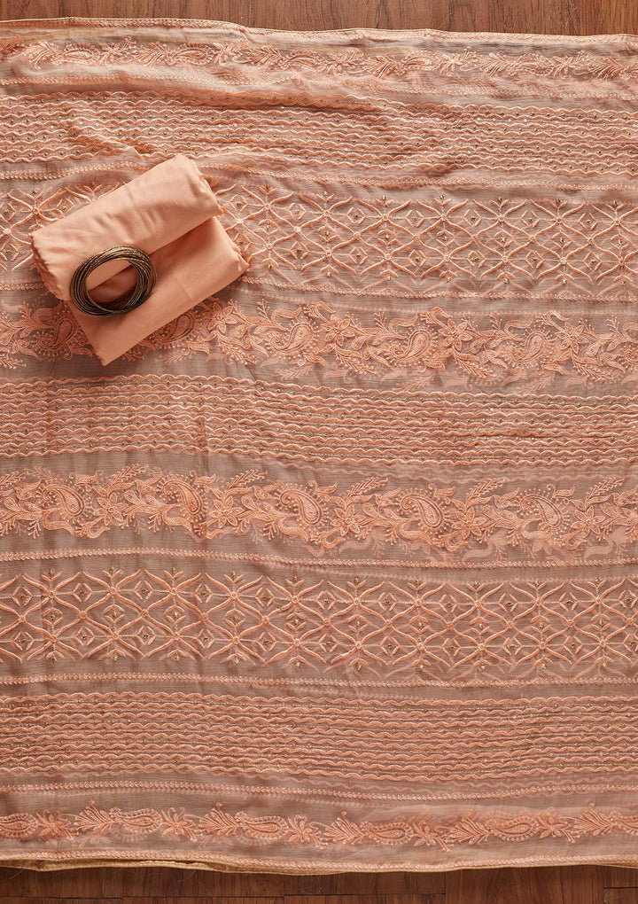 Peach Threadwork Georgette Designer Unstitched Salwar Suit - koskii