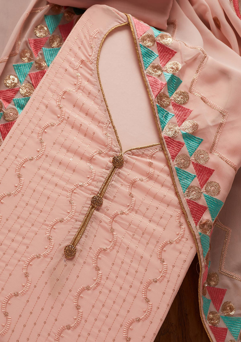 Peach Threadwork Georgette Designer Unstitched Salwar Suit - koskii