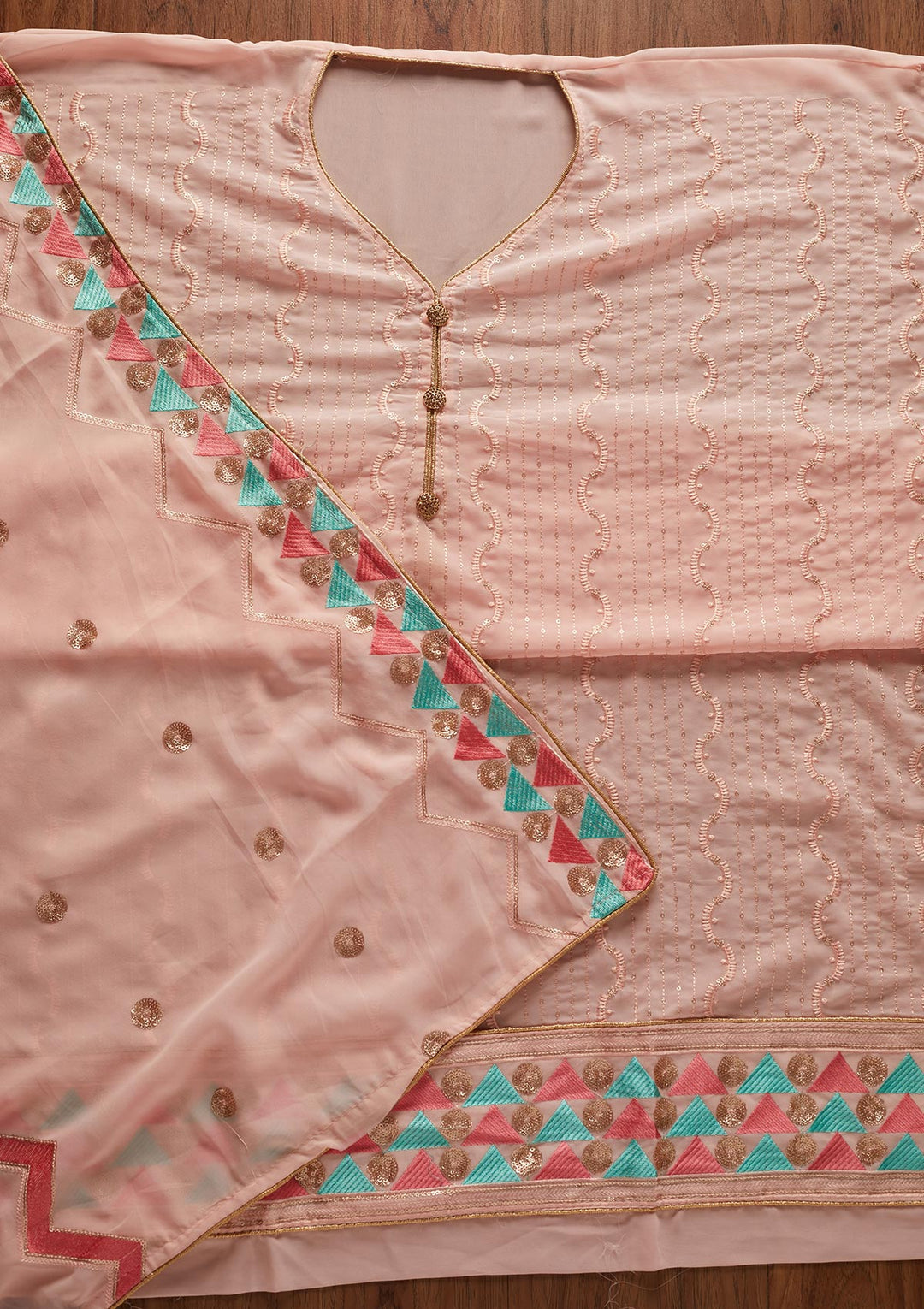 Peach Threadwork Georgette Designer Unstitched Salwar Suit - koskii