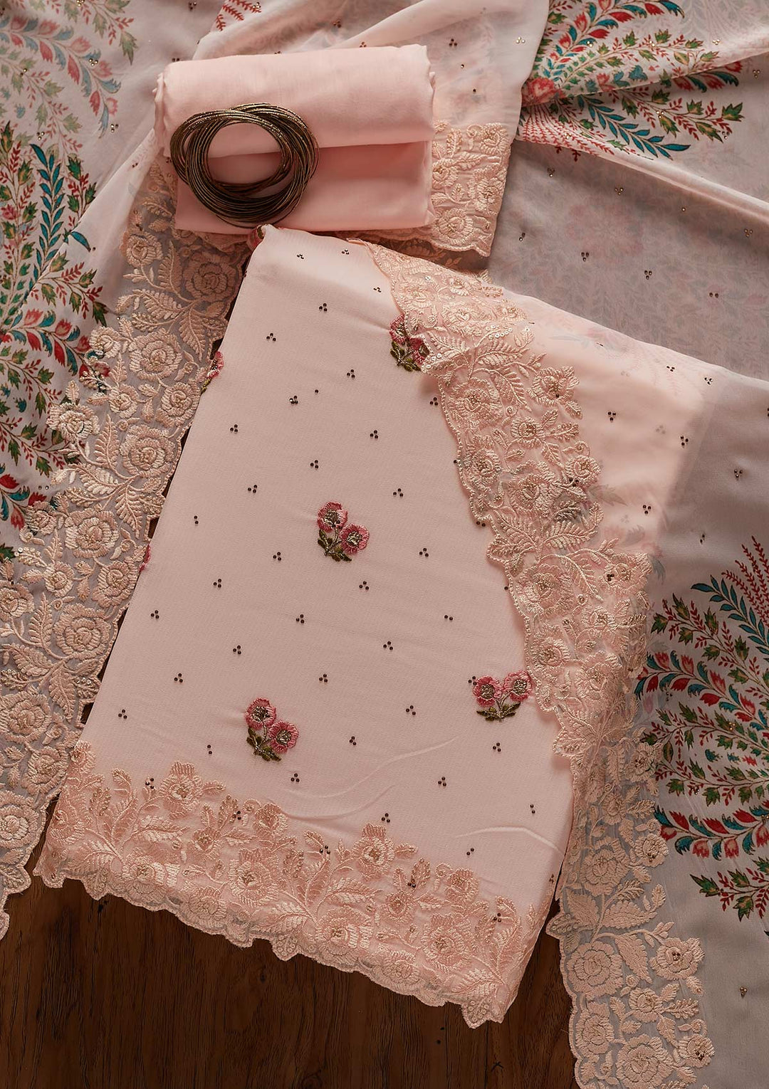 Peach Threadwork Georgette Designer Unstitched Salwar Suit - koskii