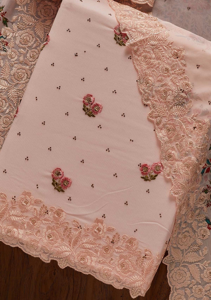 Peach Threadwork Georgette Designer Unstitched Salwar Suit - koskii