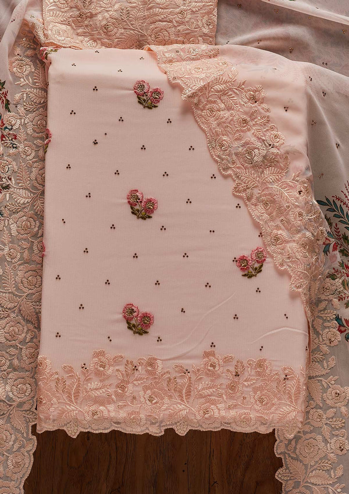 Peach Threadwork Georgette Designer Unstitched Salwar Suit - koskii
