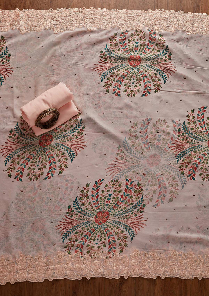 Peach Threadwork Georgette Designer Unstitched Salwar Suit - koskii