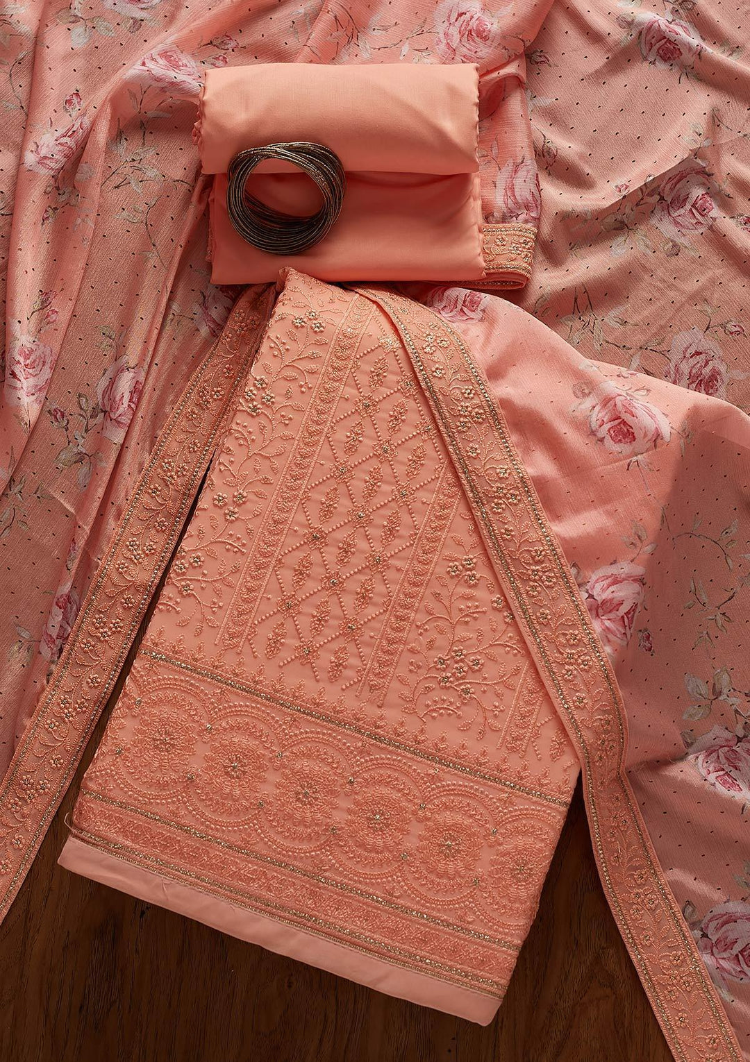 Peach Threadwork Georgette Designer Unstitched Salwar Suit - koskii