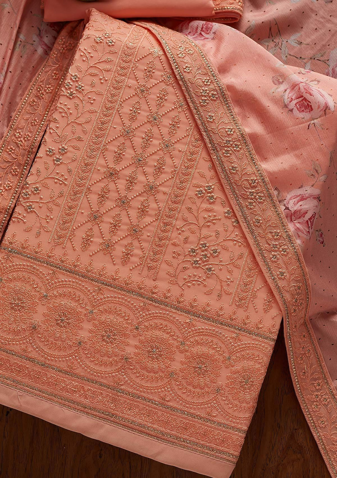 Peach Threadwork Georgette Designer Unstitched Salwar Suit - koskii