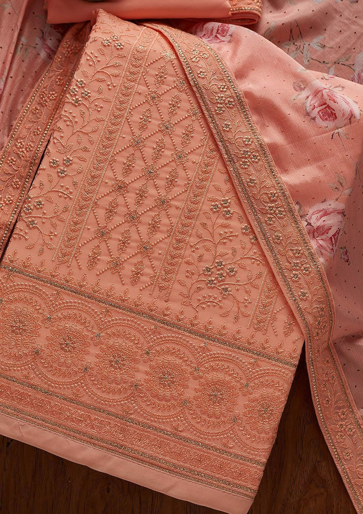Peach Threadwork Georgette Designer Unstitched Salwar Suit - koskii