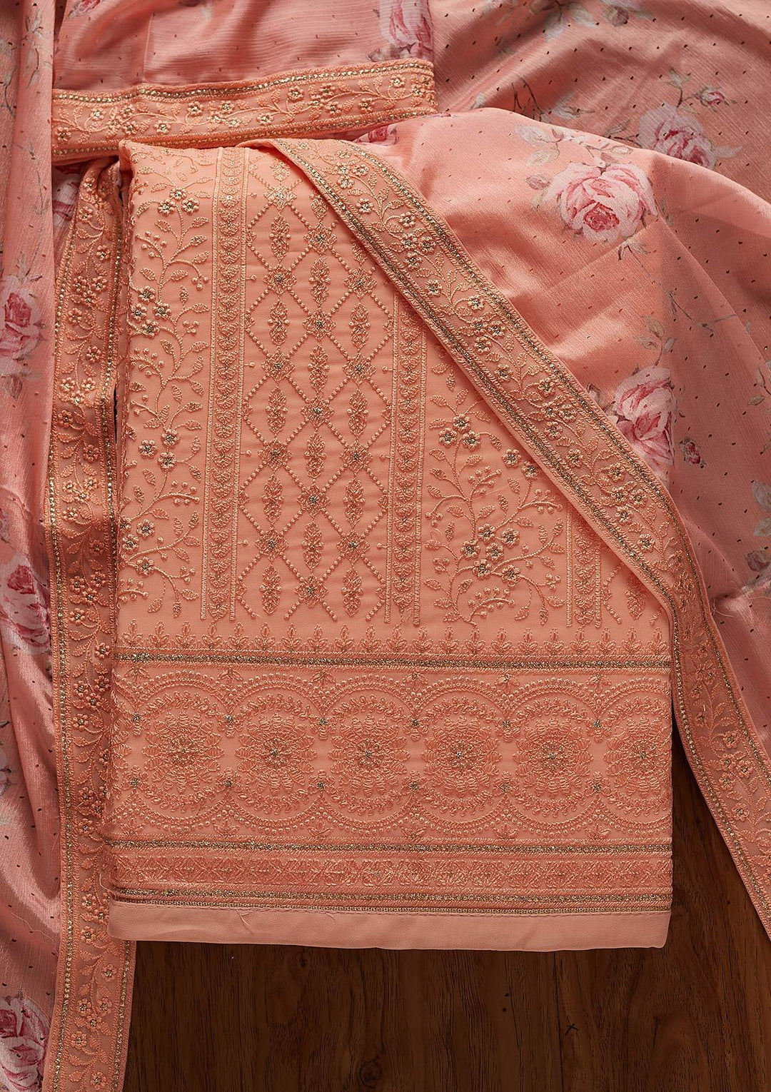 Peach Threadwork Georgette Designer Unstitched Salwar Suit - koskii