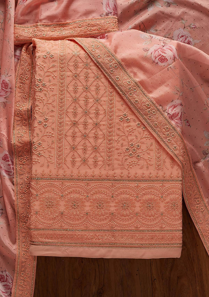 Peach Threadwork Georgette Designer Unstitched Salwar Suit - koskii