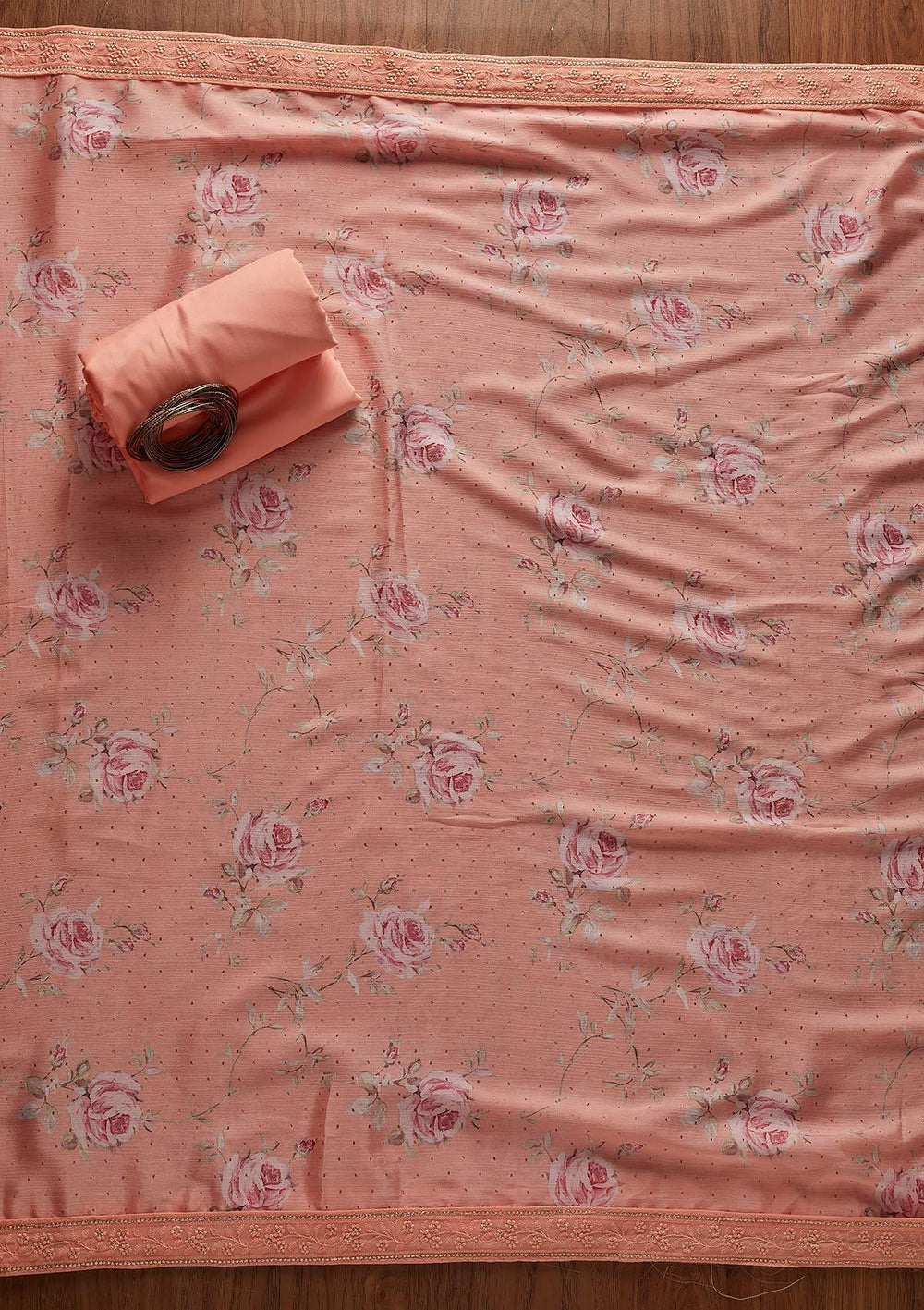 Peach Threadwork Georgette Designer Unstitched Salwar Suit - koskii