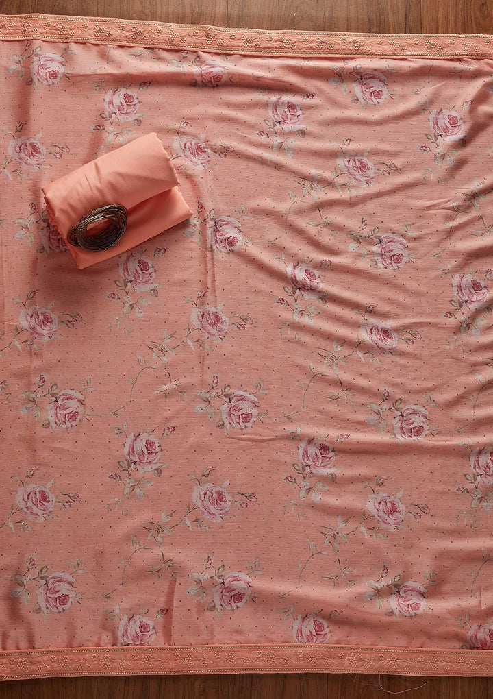 Peach Threadwork Georgette Designer Unstitched Salwar Suit - koskii