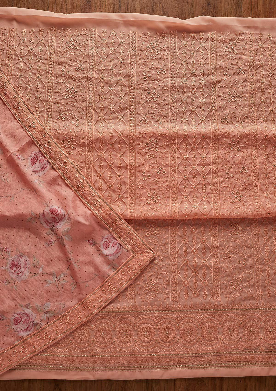 Peach Threadwork Georgette Designer Unstitched Salwar Suit - koskii