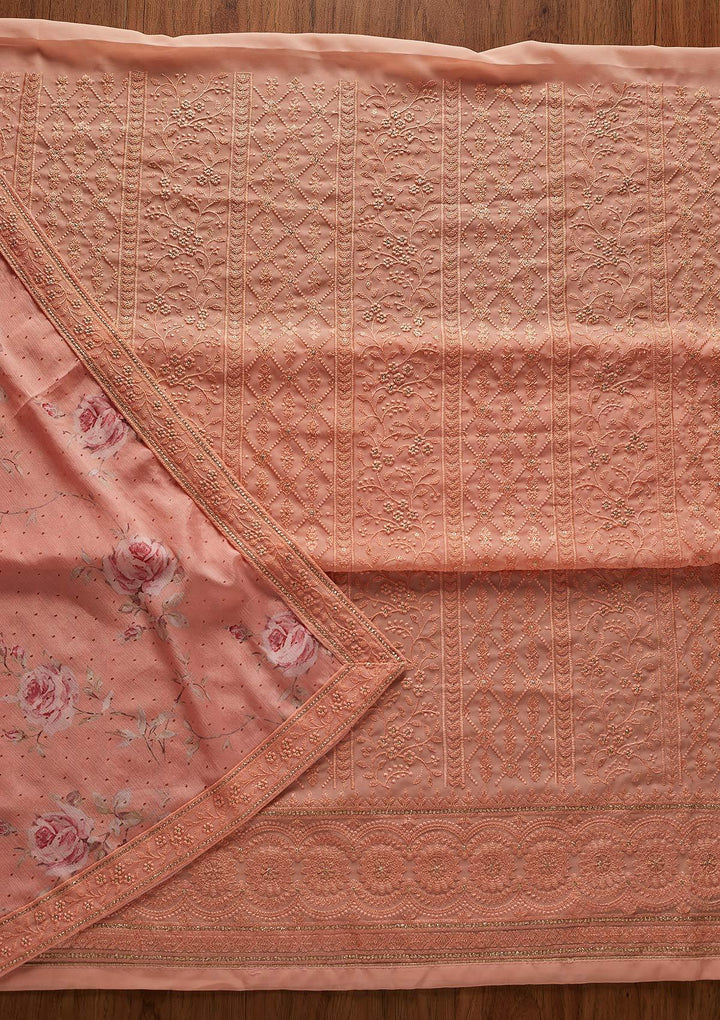 Peach Threadwork Georgette Designer Unstitched Salwar Suit - koskii