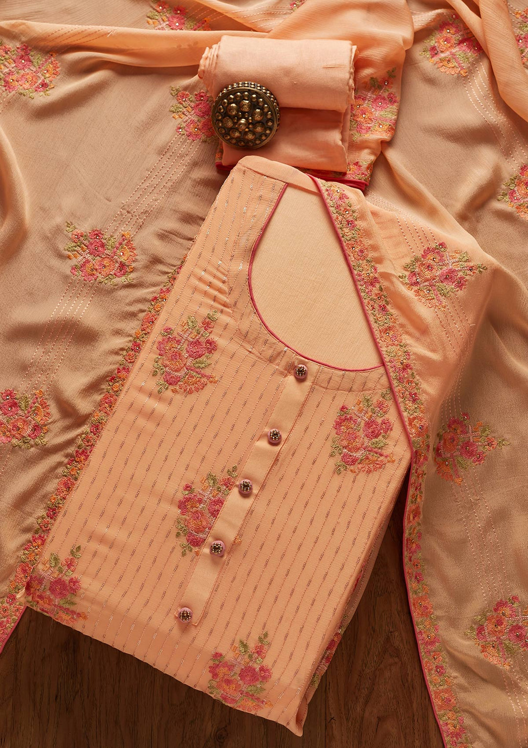 Peach Threadwork Georgette Designer Unstitched Salwar Suit - koskii