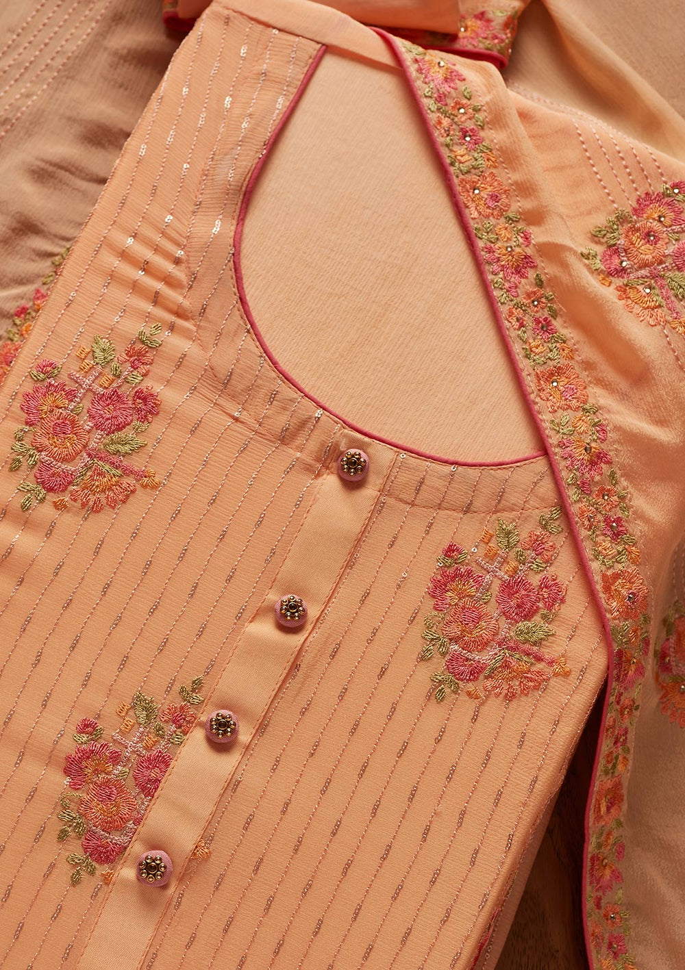 Peach Threadwork Georgette Designer Unstitched Salwar Suit - koskii