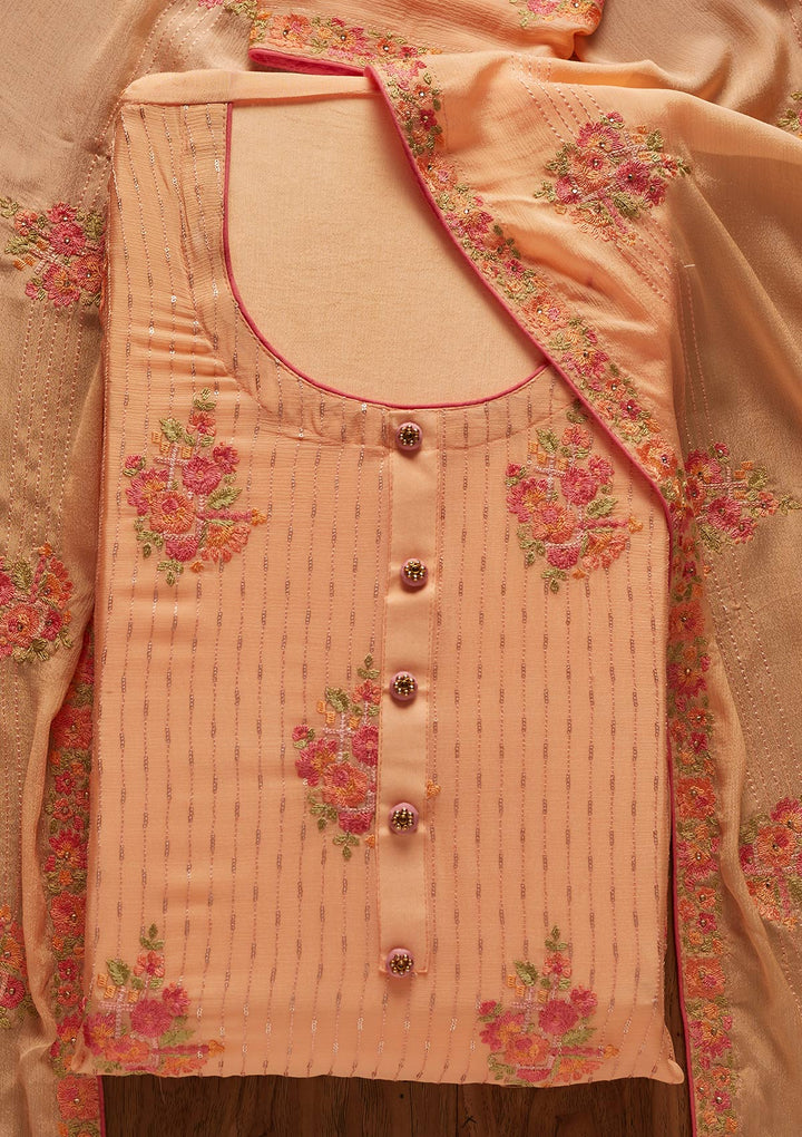 Peach Threadwork Georgette Designer Unstitched Salwar Suit - koskii