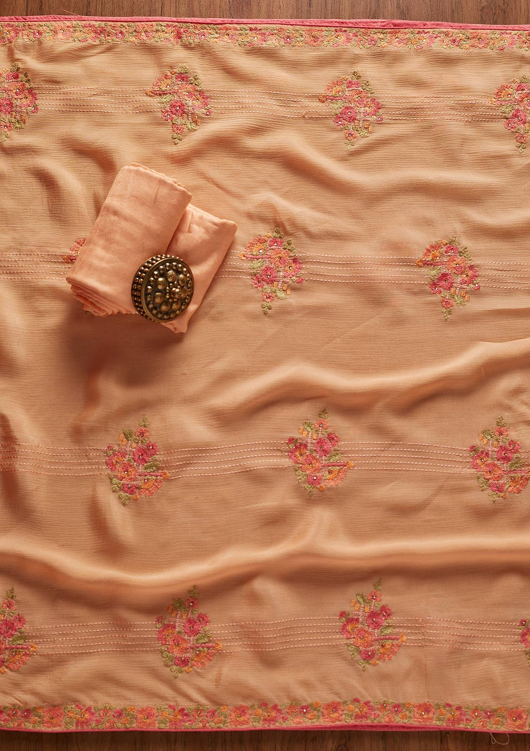 Peach Threadwork Georgette Designer Unstitched Salwar Suit - koskii