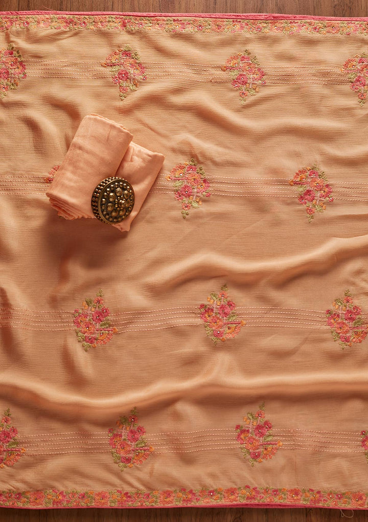 Peach Threadwork Georgette Designer Unstitched Salwar Suit - koskii