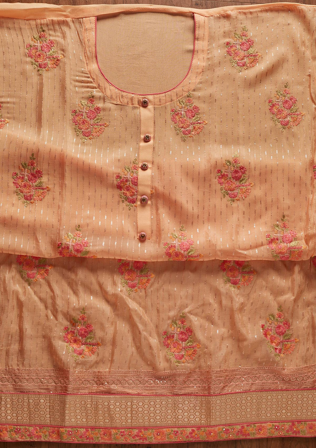 Peach Threadwork Georgette Designer Unstitched Salwar Suit - koskii