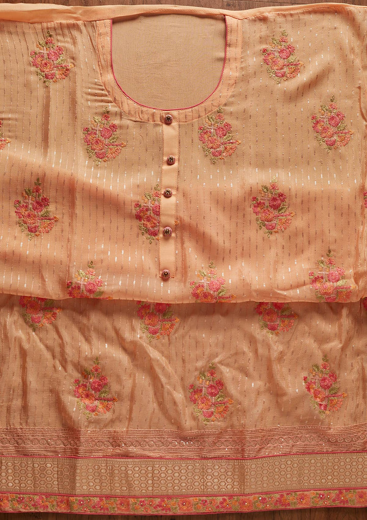 Peach Threadwork Georgette Designer Unstitched Salwar Suit - koskii