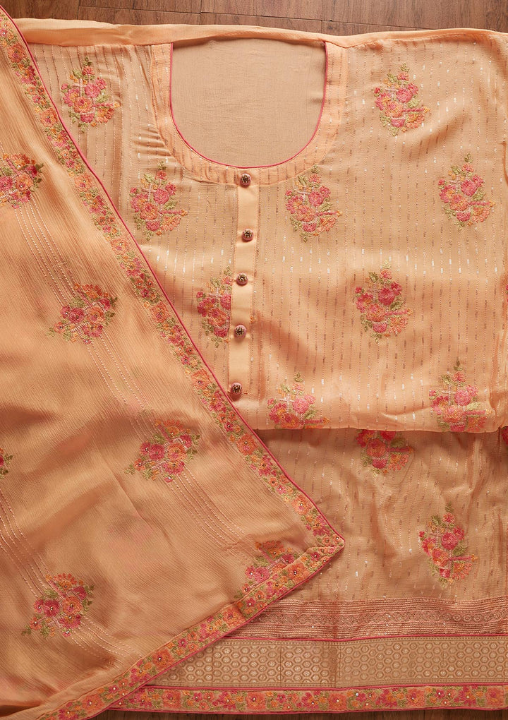 Peach Threadwork Georgette Designer Unstitched Salwar Suit - koskii