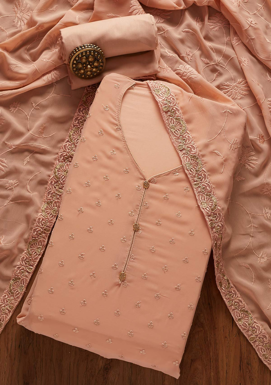 Peach Threadwork Georgette Designer Unstitched Salwar Suit - koskii