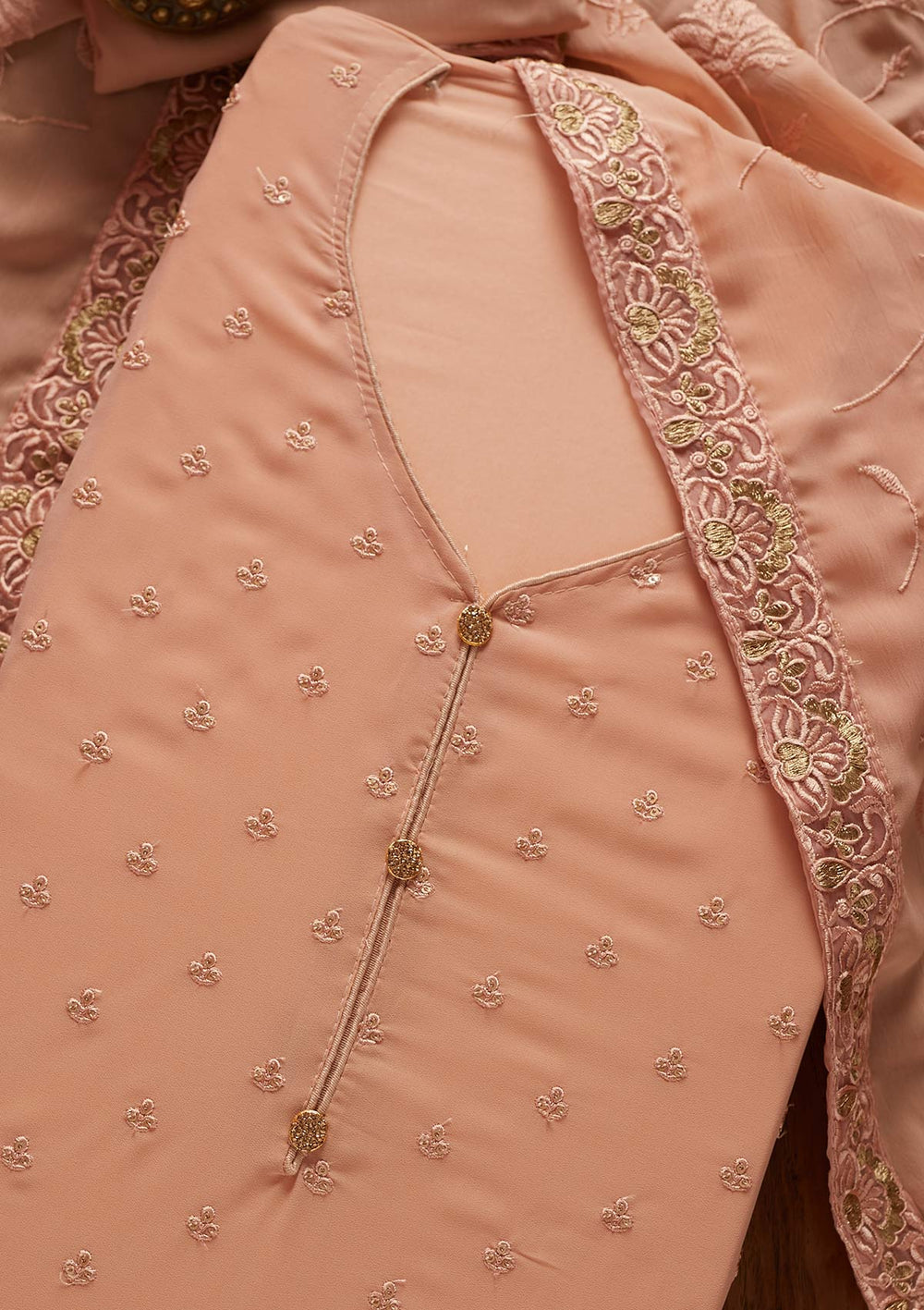 Peach Threadwork Georgette Designer Unstitched Salwar Suit - koskii