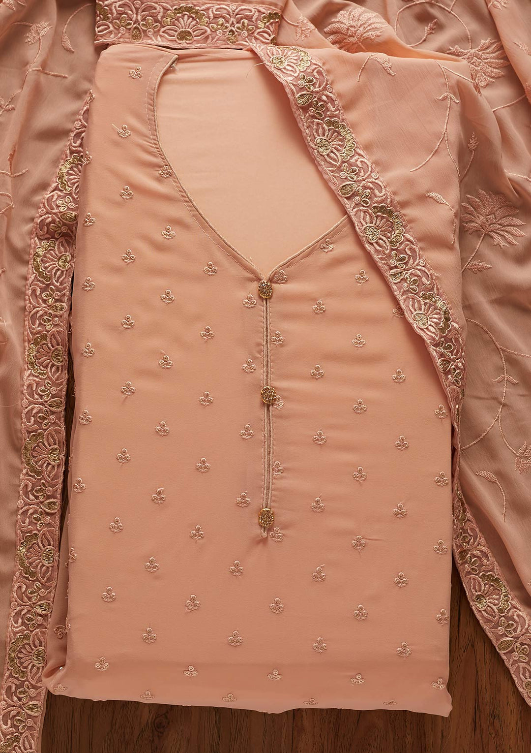 Peach Threadwork Georgette Designer Unstitched Salwar Suit - koskii