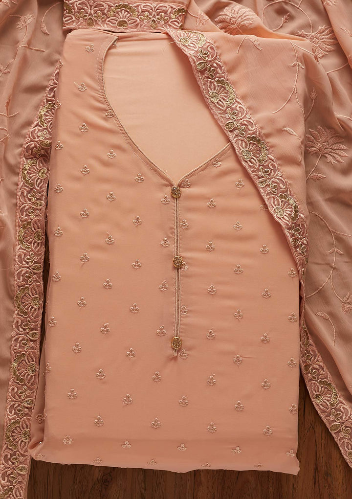 Peach Threadwork Georgette Designer Unstitched Salwar Suit - koskii