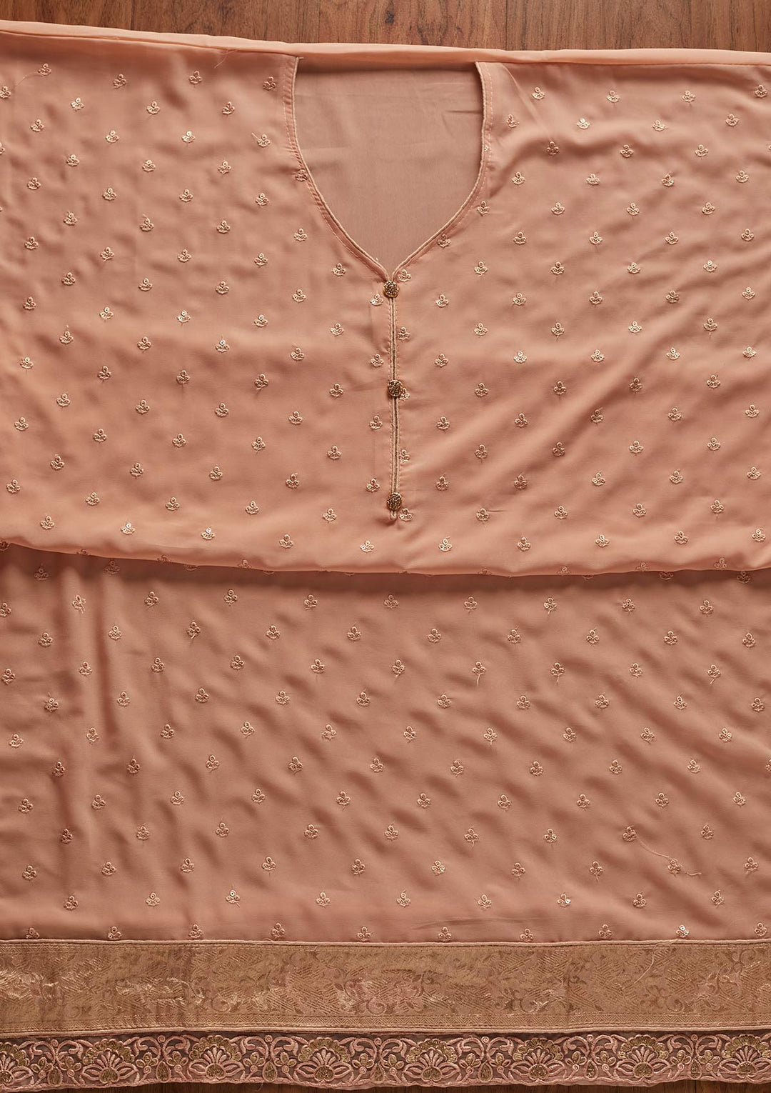 Peach Threadwork Georgette Designer Unstitched Salwar Suit - koskii