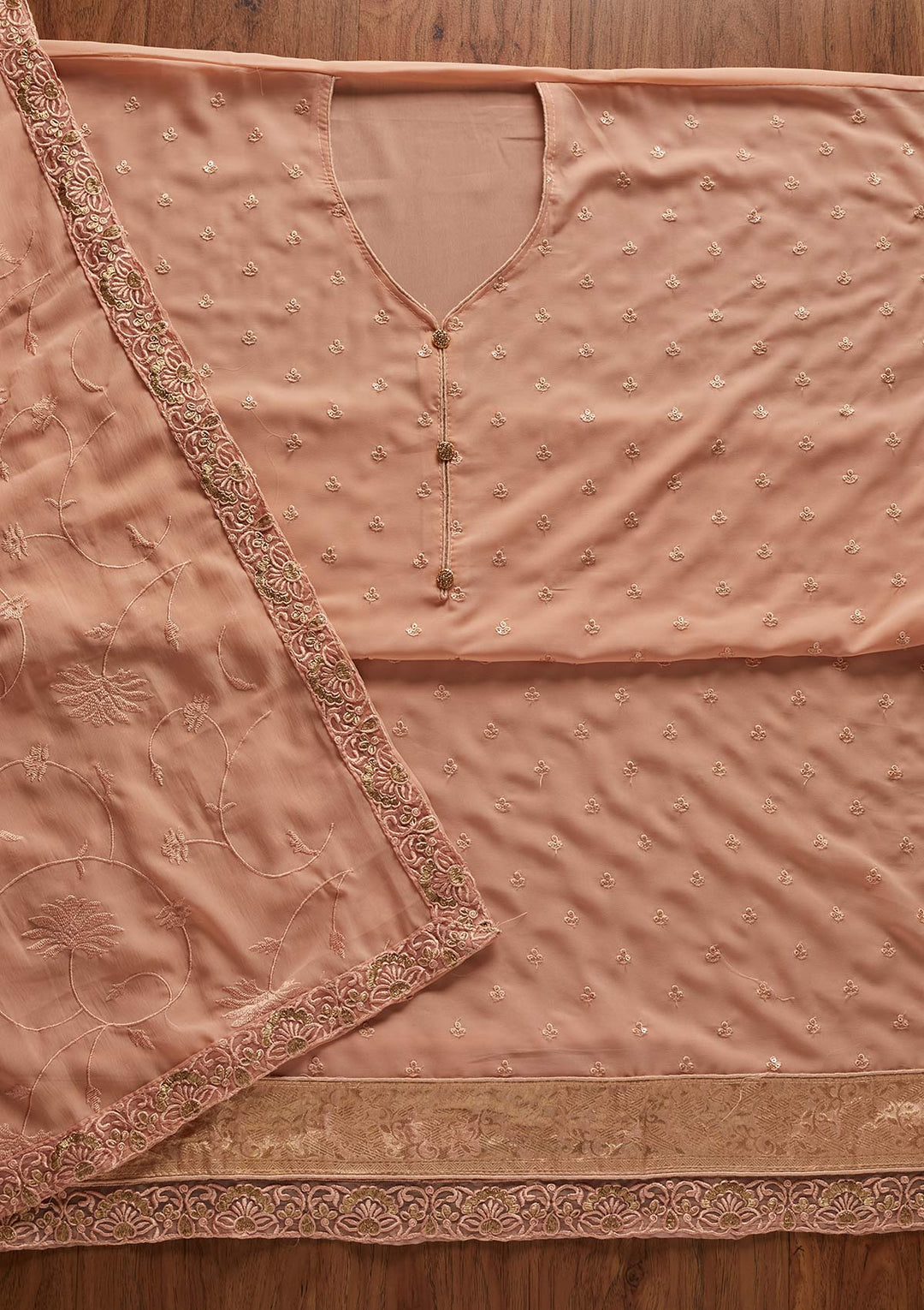 Peach Threadwork Georgette Designer Unstitched Salwar Suit - koskii