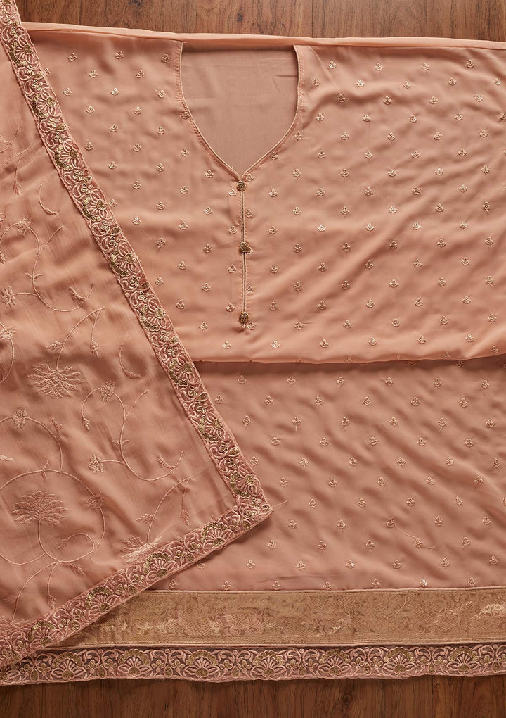 Peach Threadwork Georgette Designer Unstitched Salwar Suit - koskii