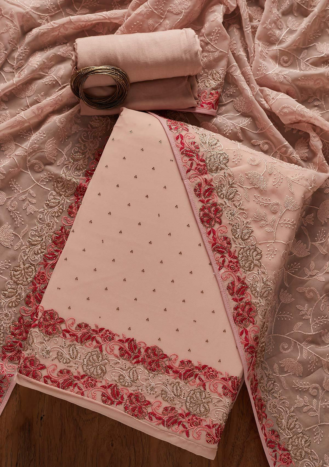 Peach Threadwork Georgette Designer Unstitched Salwar Suit - koskii