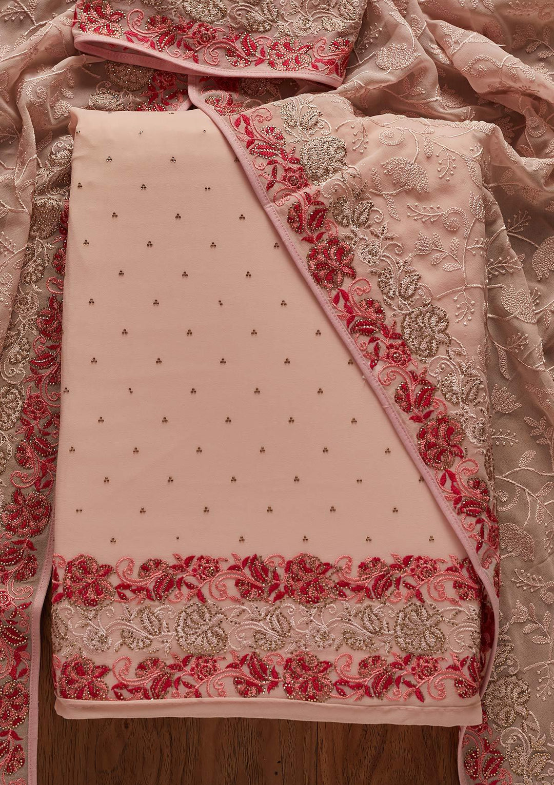Peach Threadwork Georgette Designer Unstitched Salwar Suit - koskii