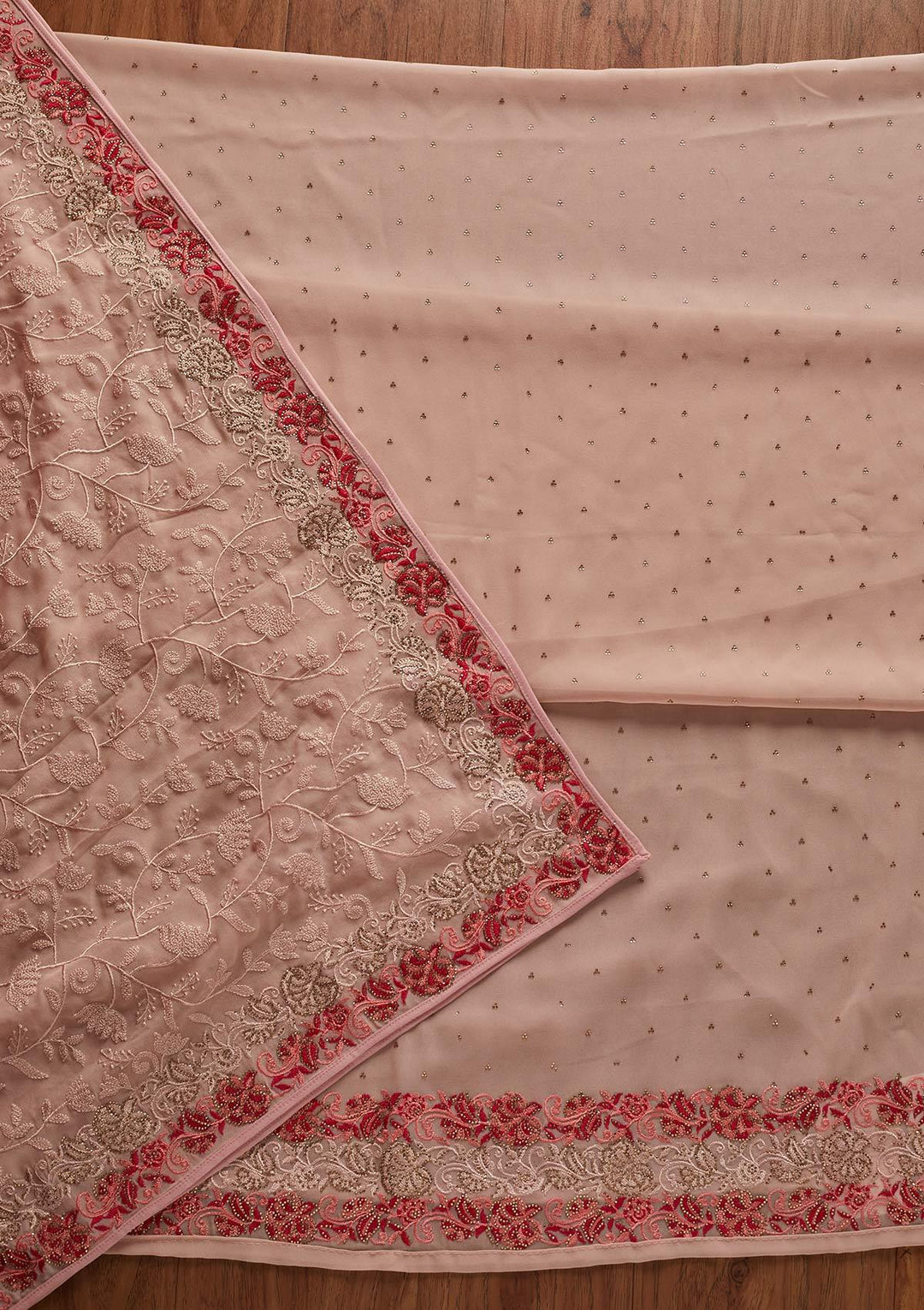 Peach Threadwork Georgette Designer Unstitched Salwar Suit - koskii