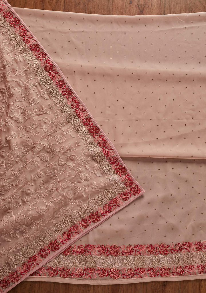Peach Threadwork Georgette Designer Unstitched Salwar Suit - koskii