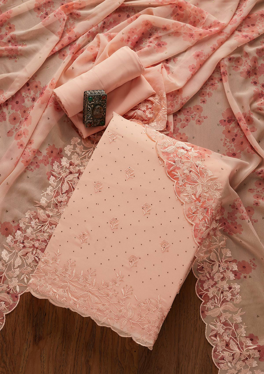 Peach Threadwork Georgette Designer Unstitched Salwar Suit - koskii