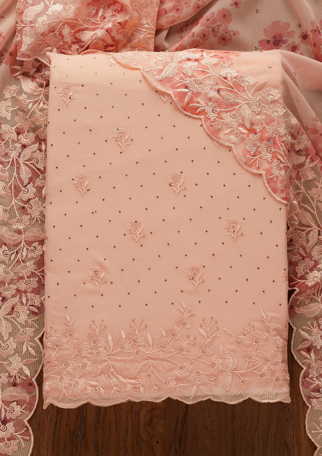 Peach Threadwork Georgette Designer Unstitched Salwar Suit - koskii
