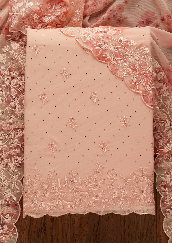Peach Threadwork Georgette Designer Unstitched Salwar Suit - koskii