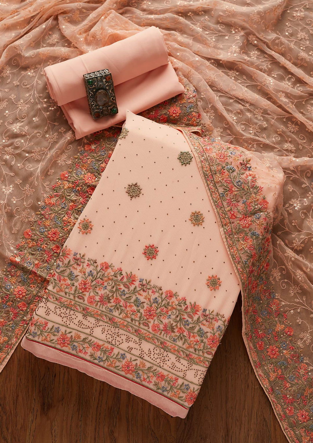 Peach Threadwork Georgette Designer Unstitched Salwar Suit - koskii