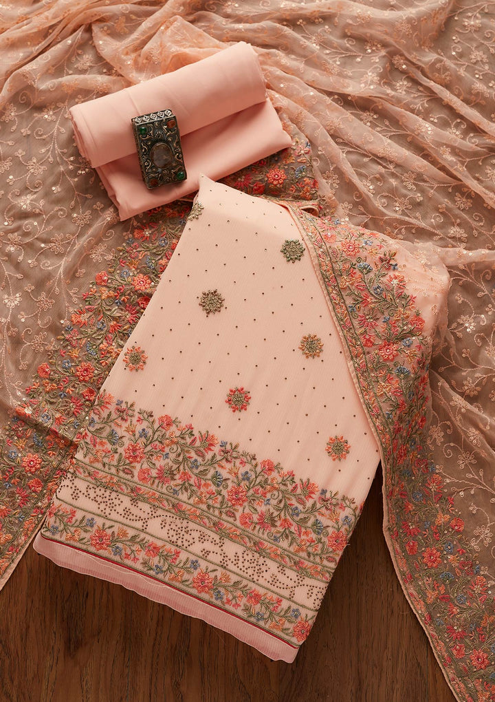 Peach Threadwork Georgette Designer Unstitched Salwar Suit - koskii