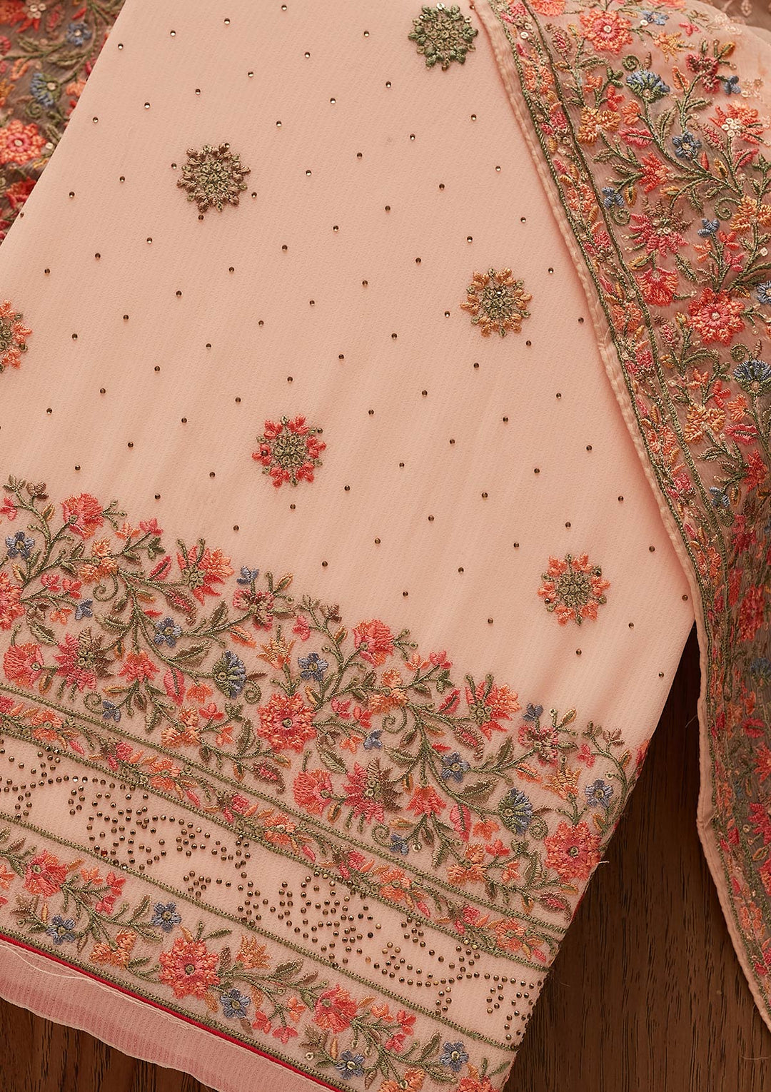 Peach Threadwork Georgette Designer Unstitched Salwar Suit - koskii